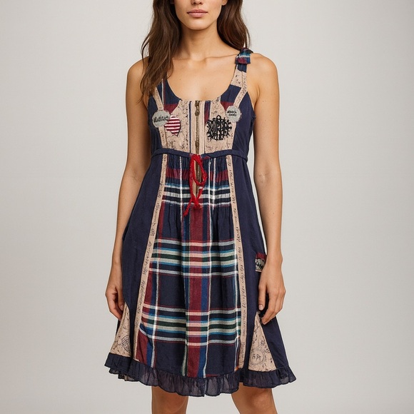Desigual Boho Plaid Patchwork Cottage Dress 44 Medium - Picture 1 of 6